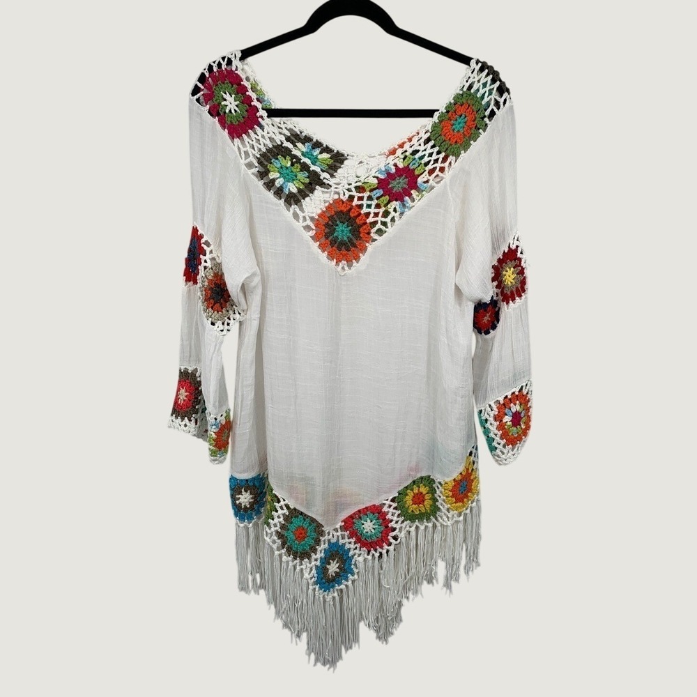 Crochet Fringe Boho Tunic Cover Up White Multicolor Festival Beach